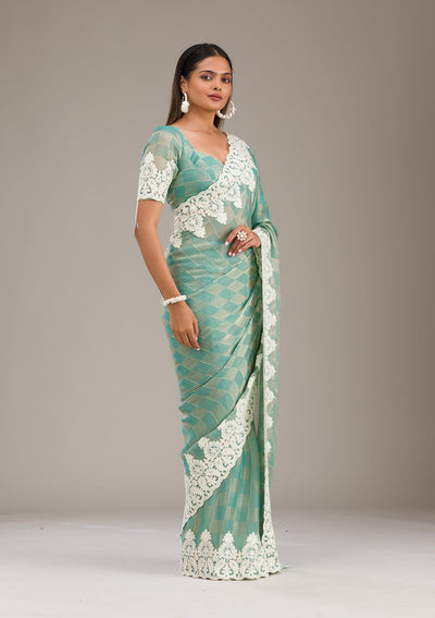 Pista Green Threadwork Tissue Saree-Koskii