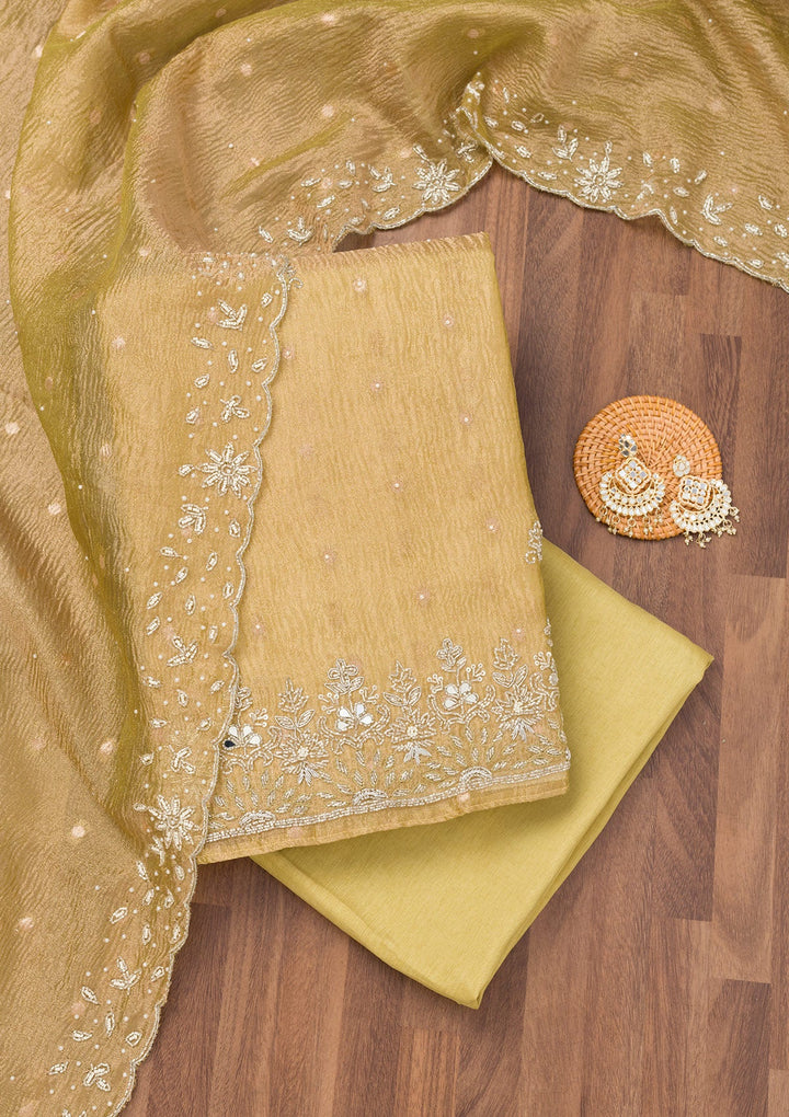 Pista Green Zardosi Tissue Unstitched Salwar Suit-Koskii