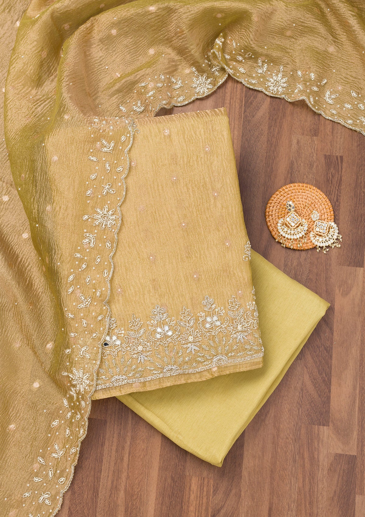Pista Green Zardosi Tissue Unstitched Salwar Suit-Koskii