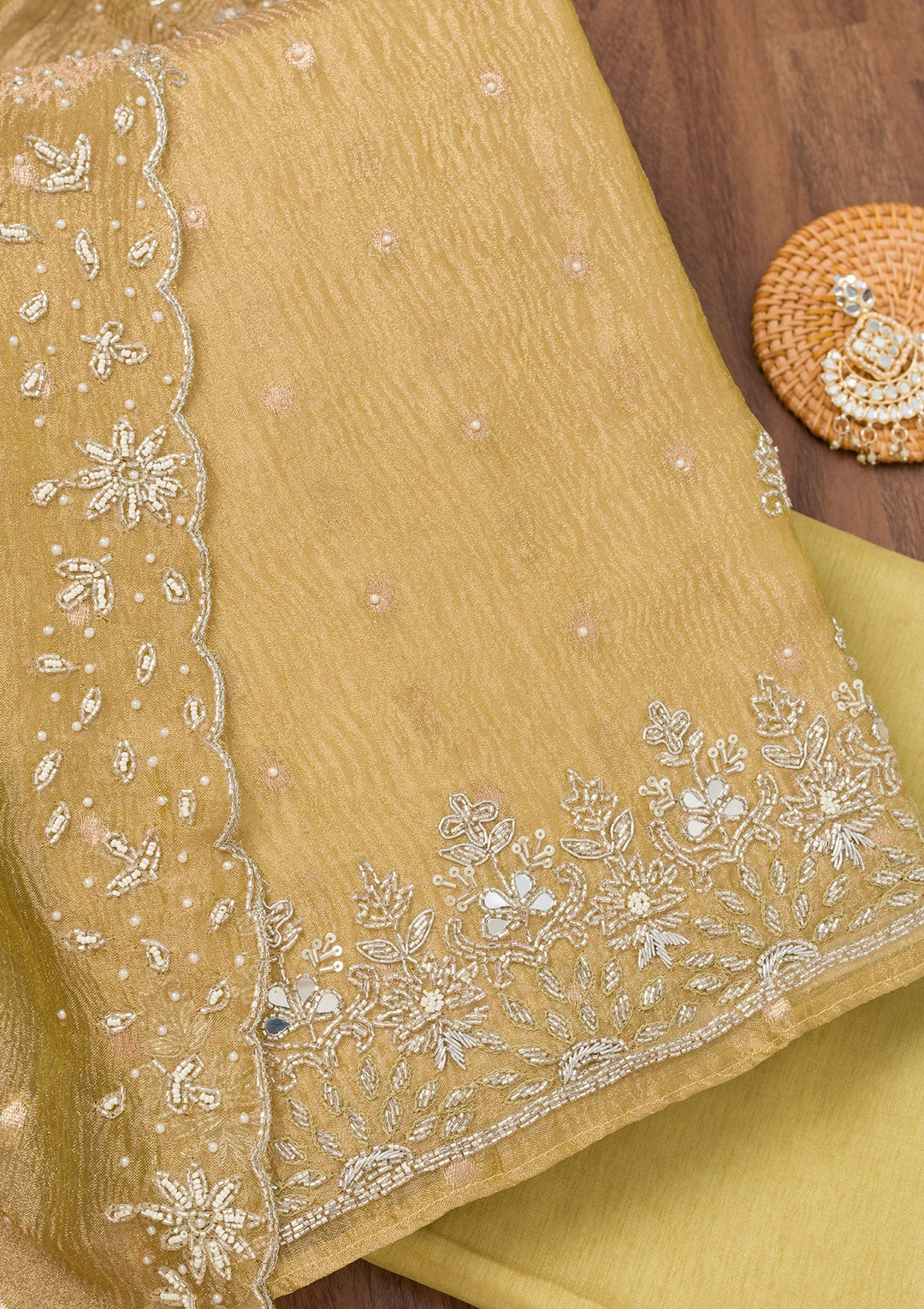 Pista Green Zardosi Tissue Unstitched Salwar Suit-Koskii