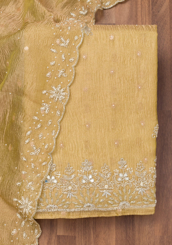 Pista Green Zardosi Tissue Unstitched Salwar Suit-Koskii