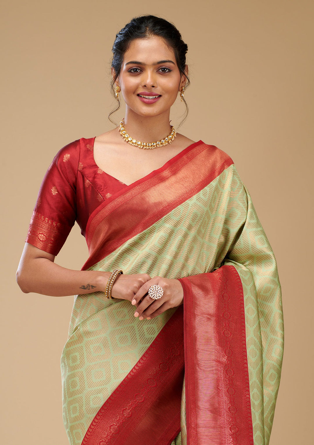 Pista Green Zariwork Art Silk Saree-Koskii