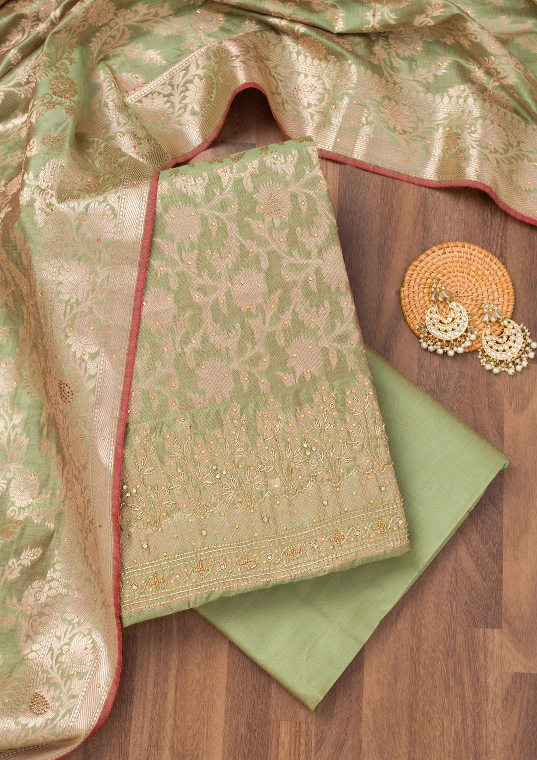 Pista Green Zariwork Banarasi Unstitched Salwar Suit-Koskii