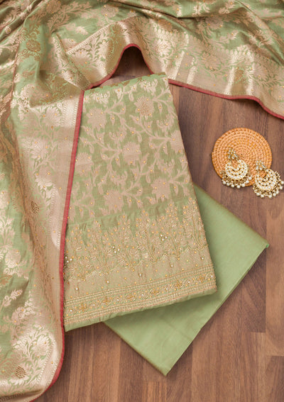 Pista Green Zariwork Banarasi Unstitched Salwar Suit-Koskii