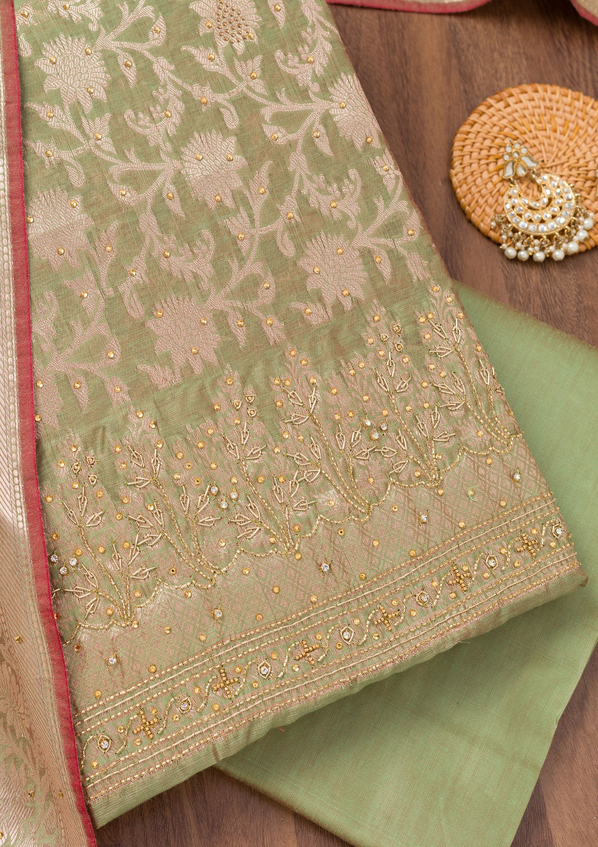 Pista Green Zariwork Banarasi Unstitched Salwar Suit-Koskii