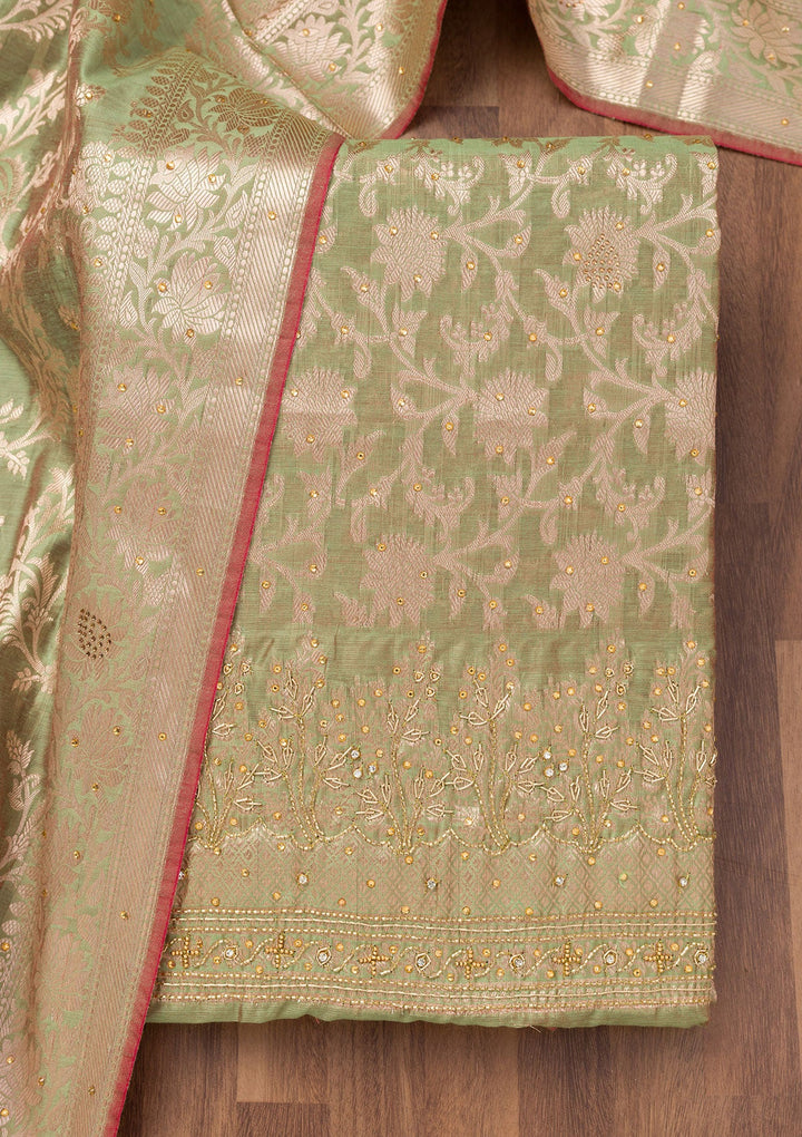Pista Green Zariwork Banarasi Unstitched Salwar Suit-Koskii