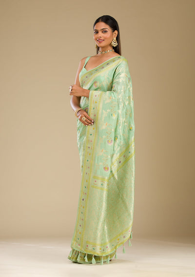 Pista Green Zariwork Banarasi Silk Saree-Koskii