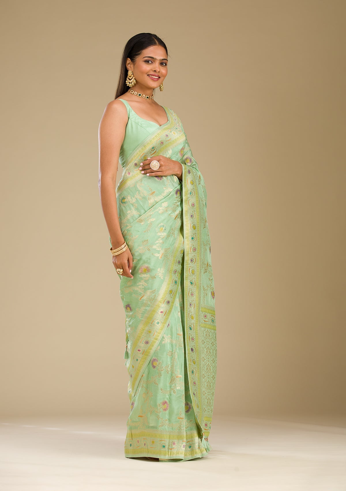 Pista Green Zariwork Banarasi Silk Saree-Koskii