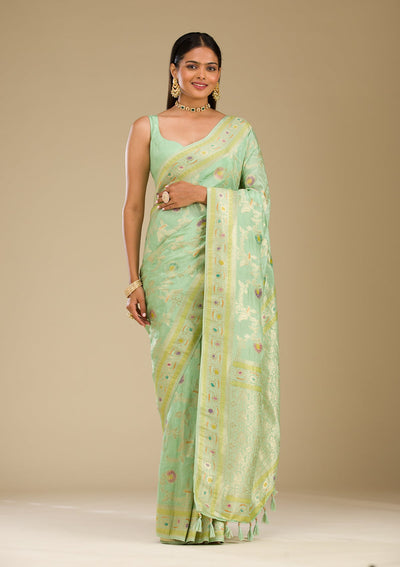 Pista Green Zariwork Banarasi Silk Saree-Koskii