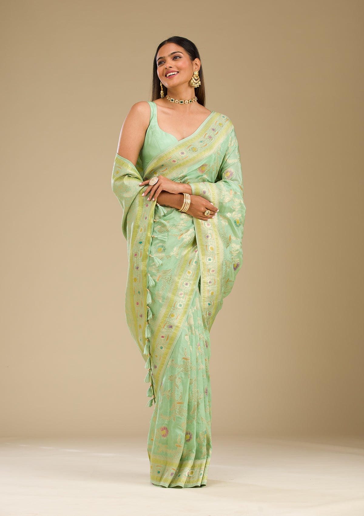 Pista Green Zariwork Banarasi Silk Saree-Koskii