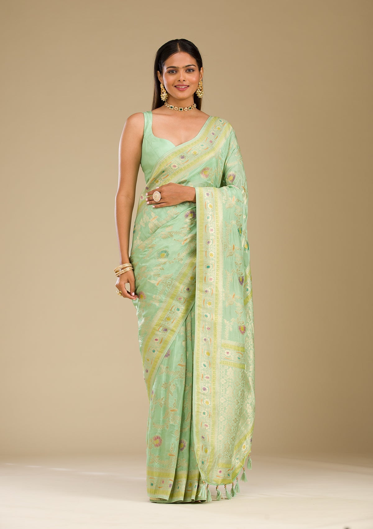 Pista Green Zariwork Banarasi Silk Saree-Koskii