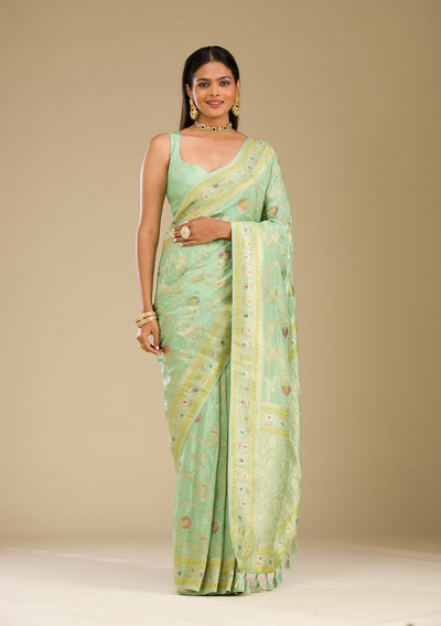 Pista Green Zariwork Banarasi Silk Saree-Koskii