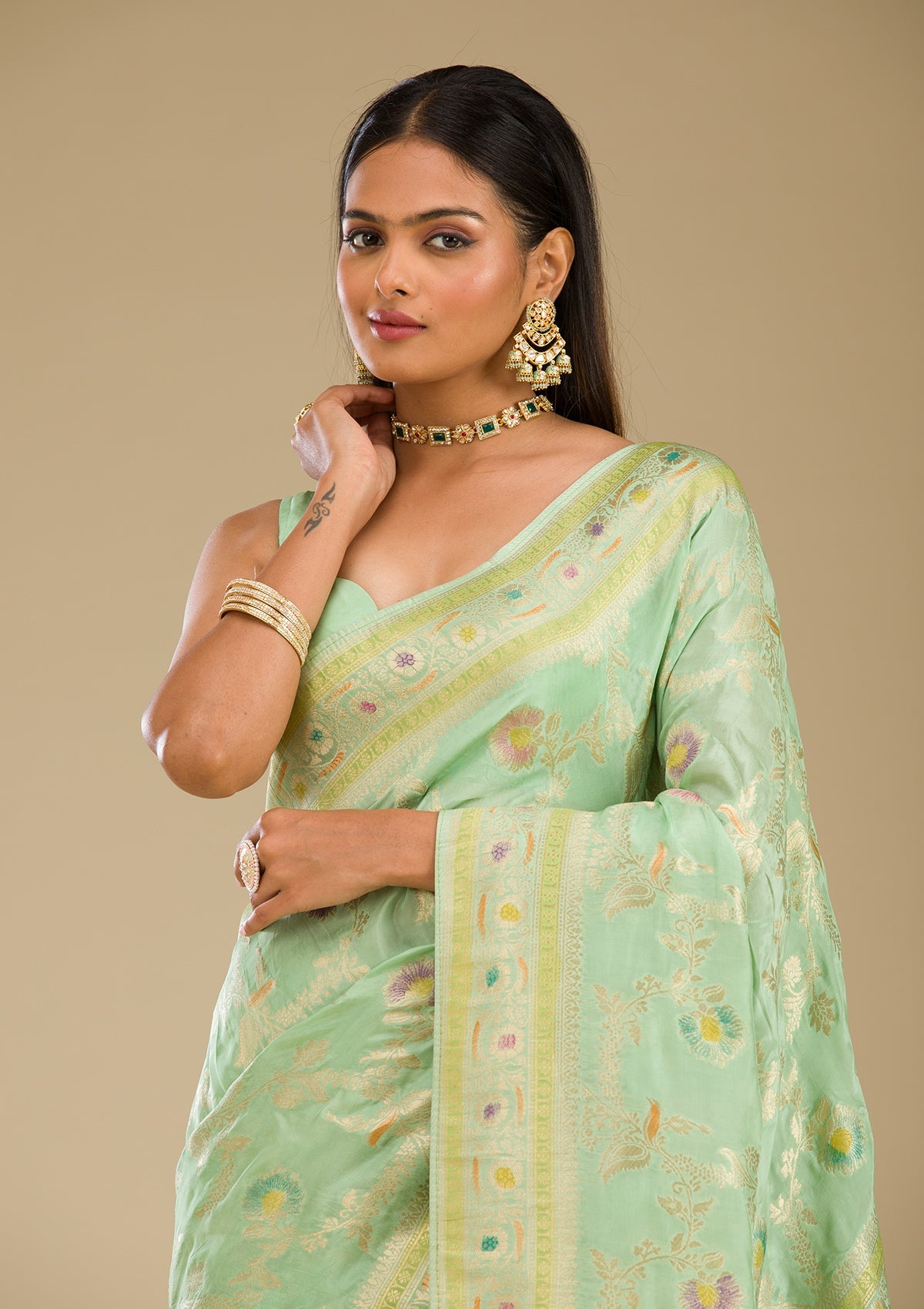 Pista Green Zariwork Banarasi Silk Saree-Koskii