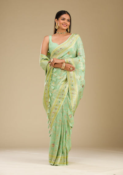 Pista Green Zariwork Banarasi Silk Saree-Koskii