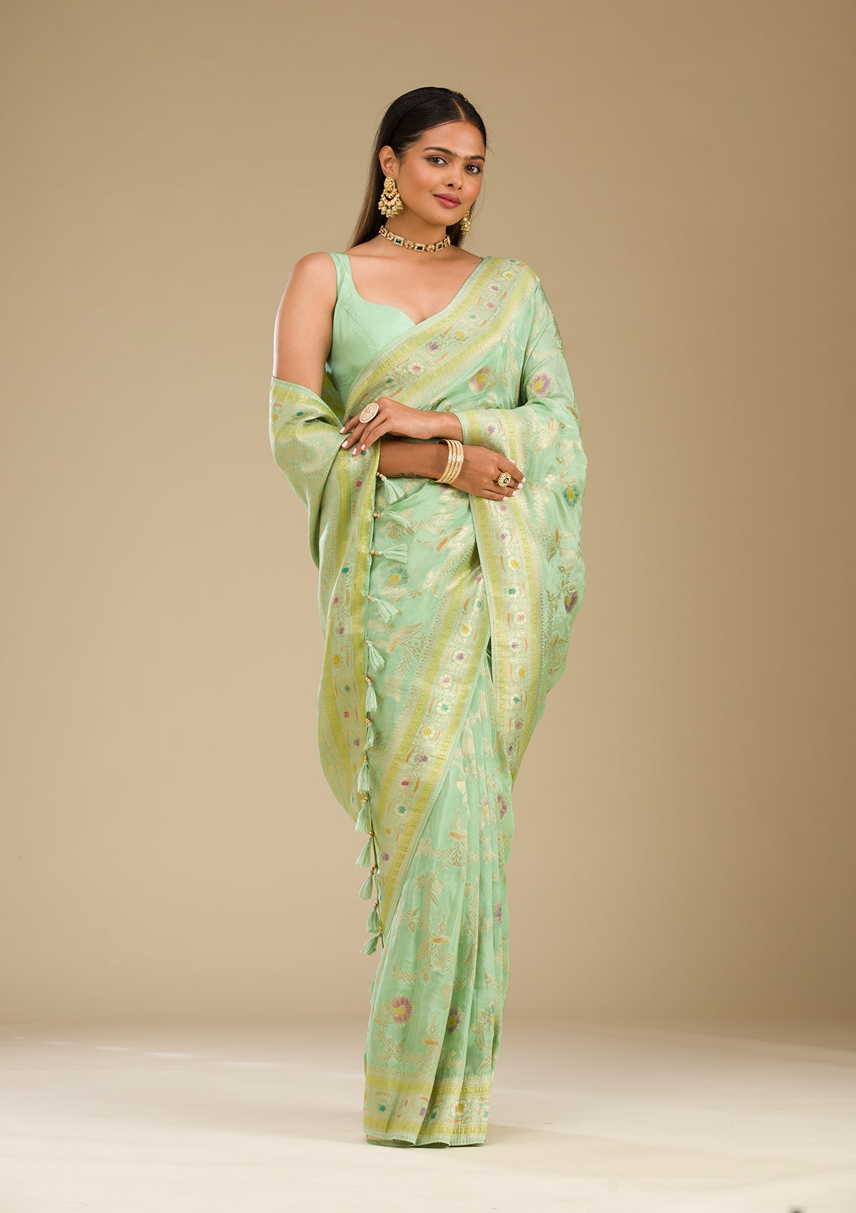Pista Green Zariwork Banarasi Silk Saree-Koskii