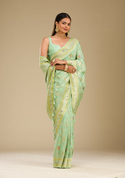 Pista Green Zariwork Banarasi Silk Saree-Koskii
