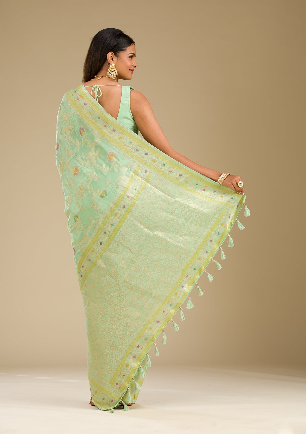 Pista Green Zariwork Banarasi Silk Saree-Koskii