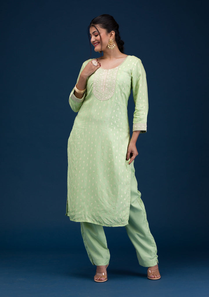 Pista Green Zariwork Chanderi Readymade Salwar Suit-Koskii