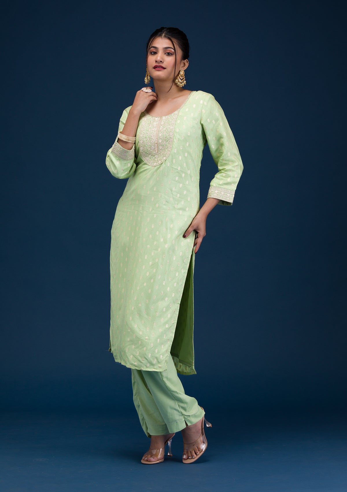 Pista Green Zariwork Chanderi Readymade Salwar Suit-Koskii