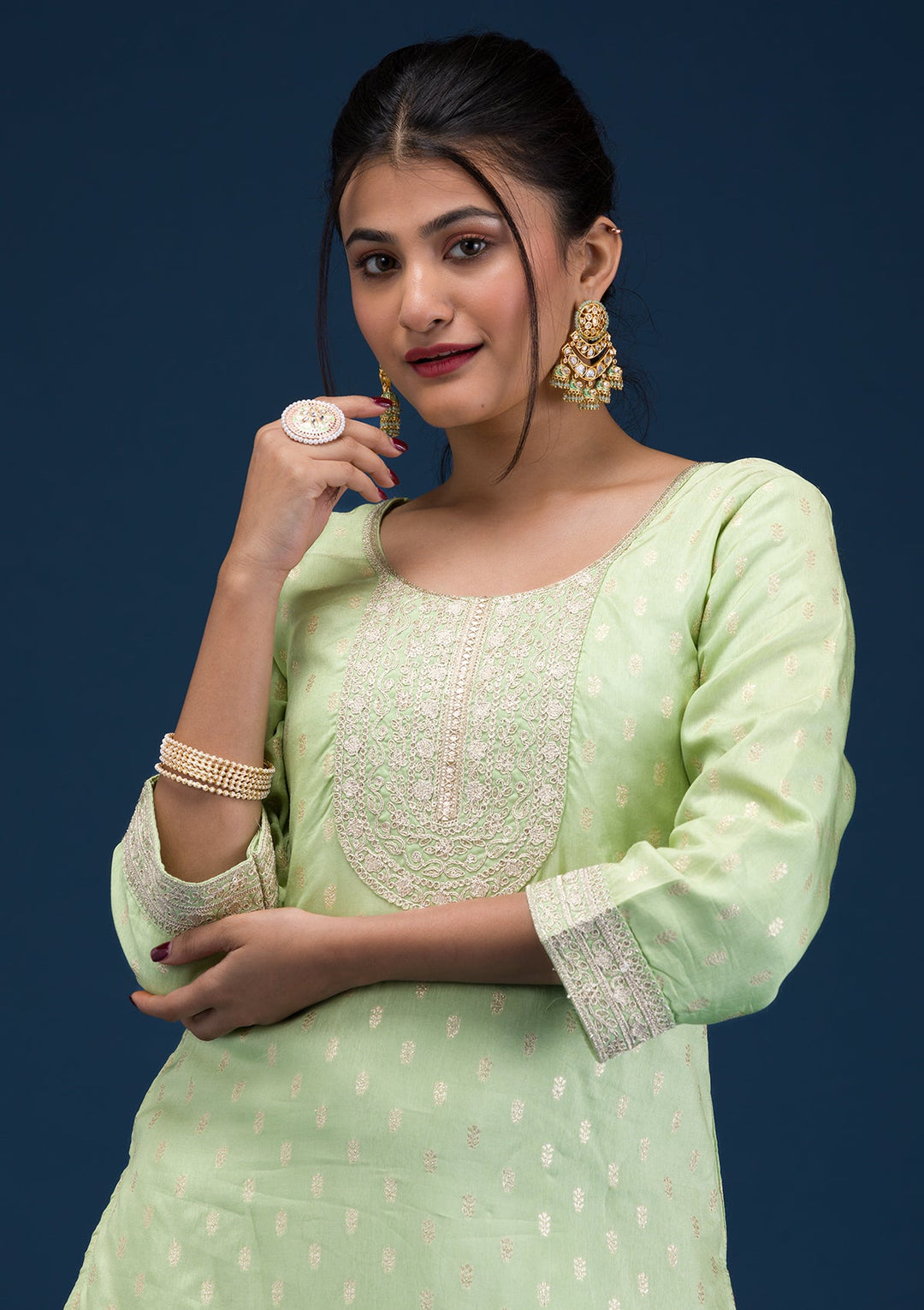 Pista Green Zariwork Chanderi Readymade Salwar Suit-Koskii