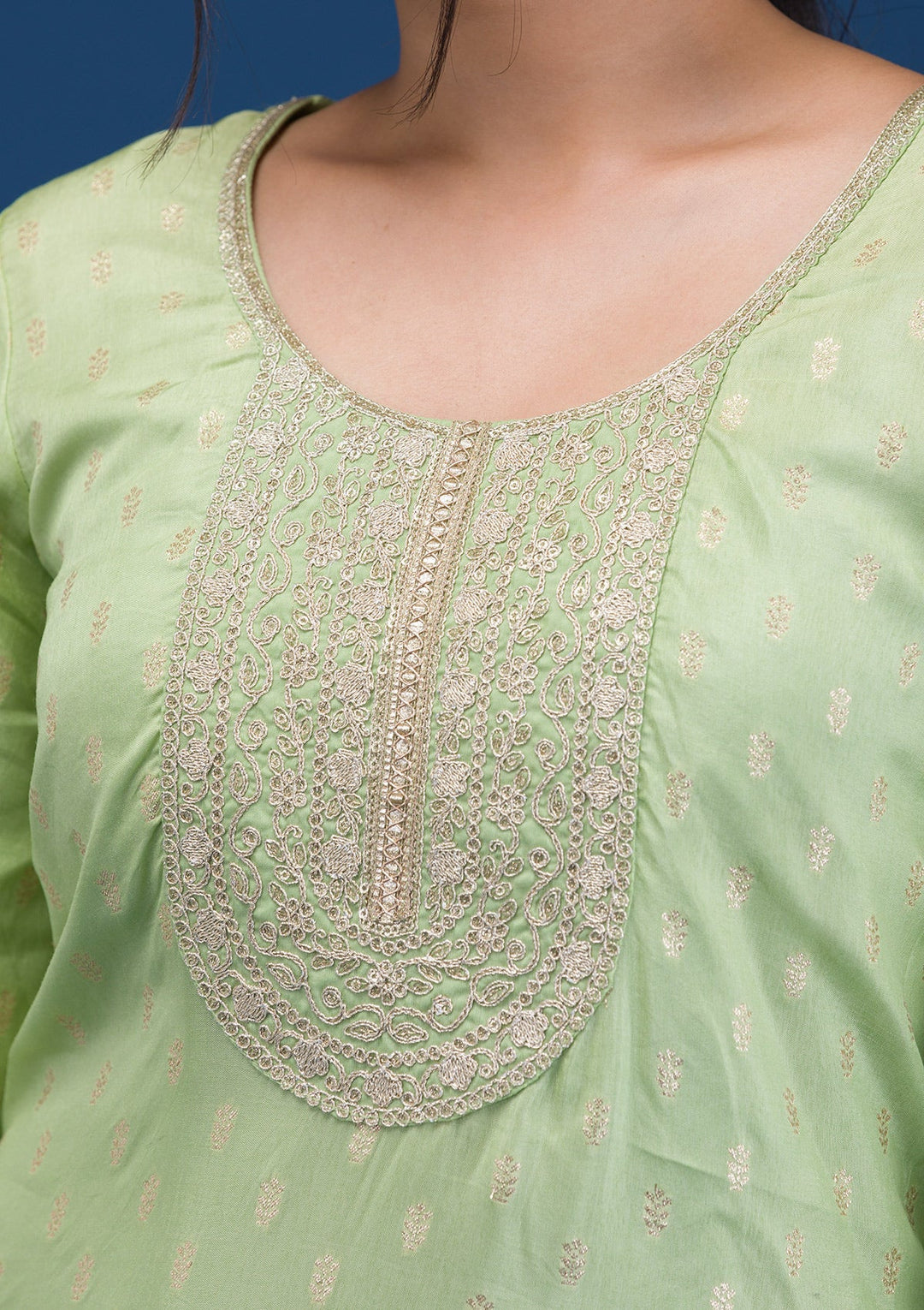 Pista Green Zariwork Chanderi Readymade Salwar Suit-Koskii