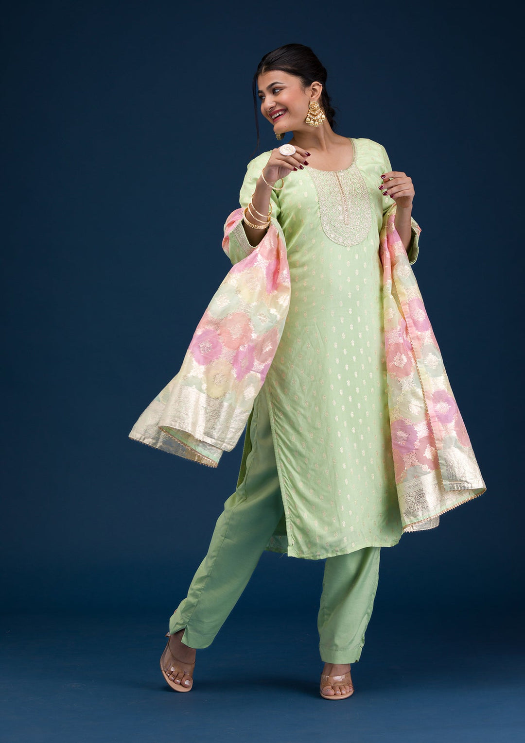 Pista Green Zariwork Chanderi Readymade Salwar Suit-Koskii