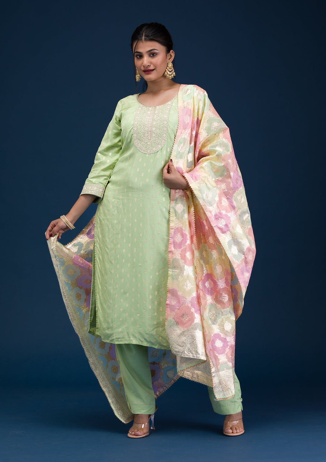 Pista Green Zariwork Chanderi Readymade Salwar Suit-Koskii