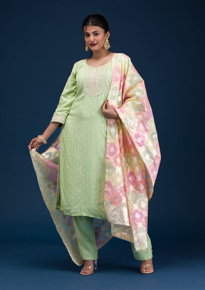 Pista Green Zariwork Chanderi Readymade Salwar Suit-Koskii