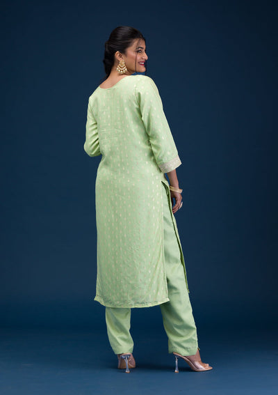 Pista Green Zariwork Chanderi Readymade Salwar Suit-Koskii