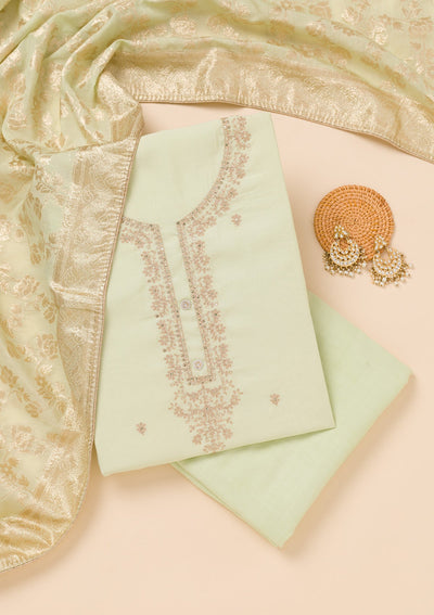 Pista Green Zariwork Chanderi Unstitched Salwar Suit-Koskii