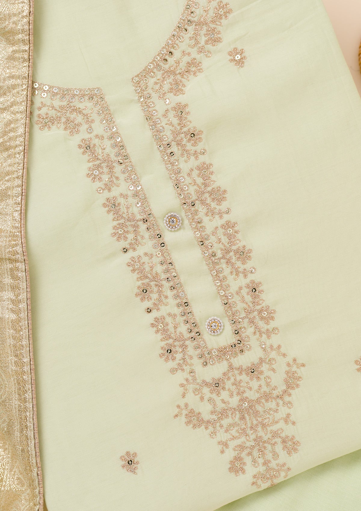 Pista Green Zariwork Chanderi Unstitched Salwar Suit-Koskii