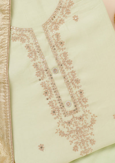 Pista Green Zariwork Chanderi Unstitched Salwar Suit-Koskii
