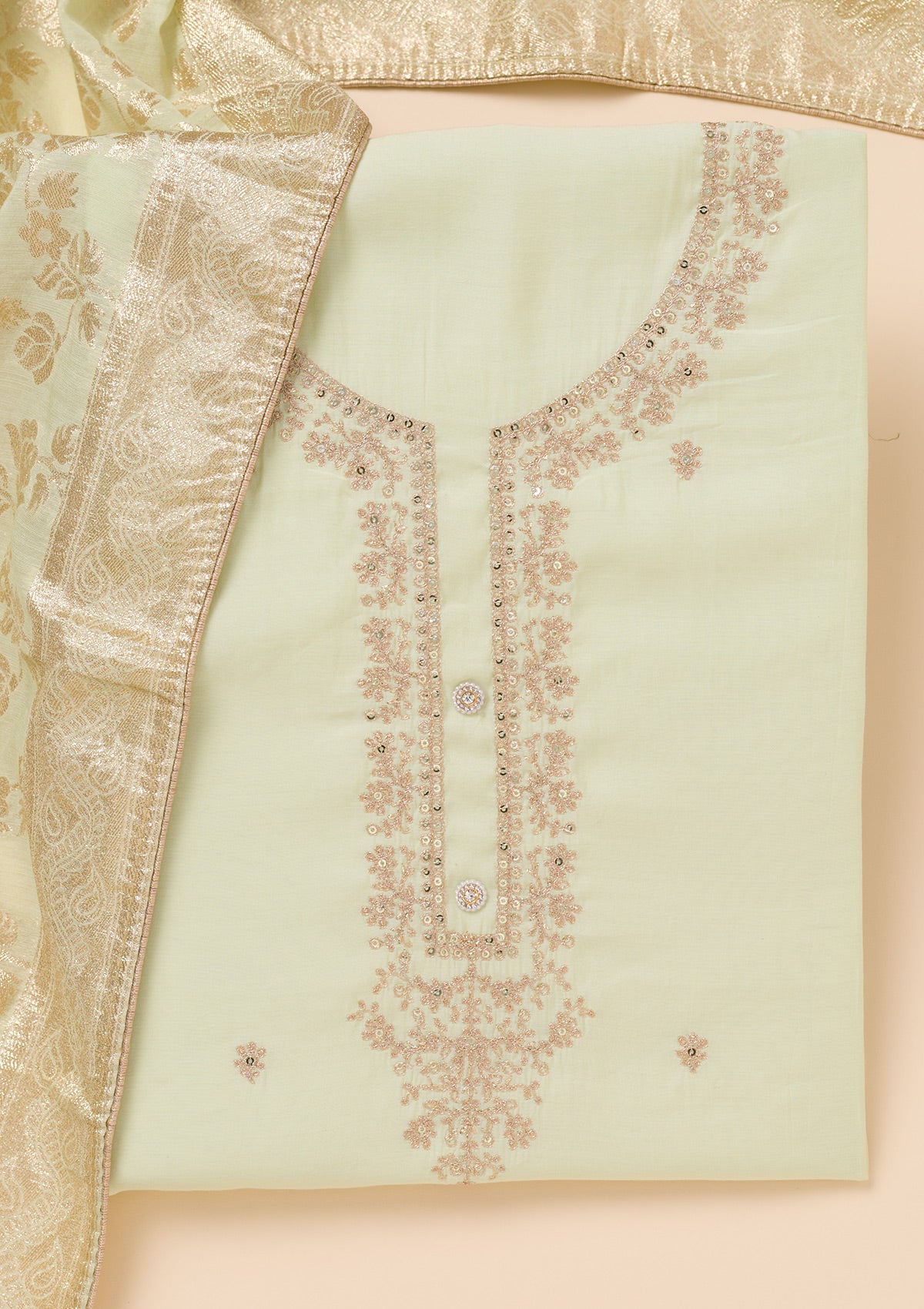 Pista Green Zariwork Chanderi Unstitched Salwar Suit-Koskii