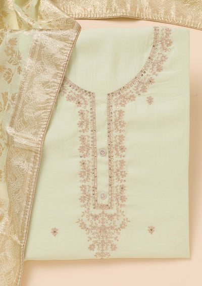 Pista Green Zariwork Chanderi Unstitched Salwar Suit-Koskii