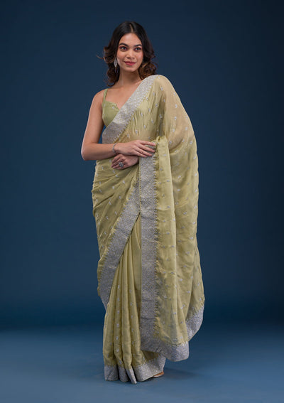 Pista Green Zariwork Chiffon Saree-Koskii