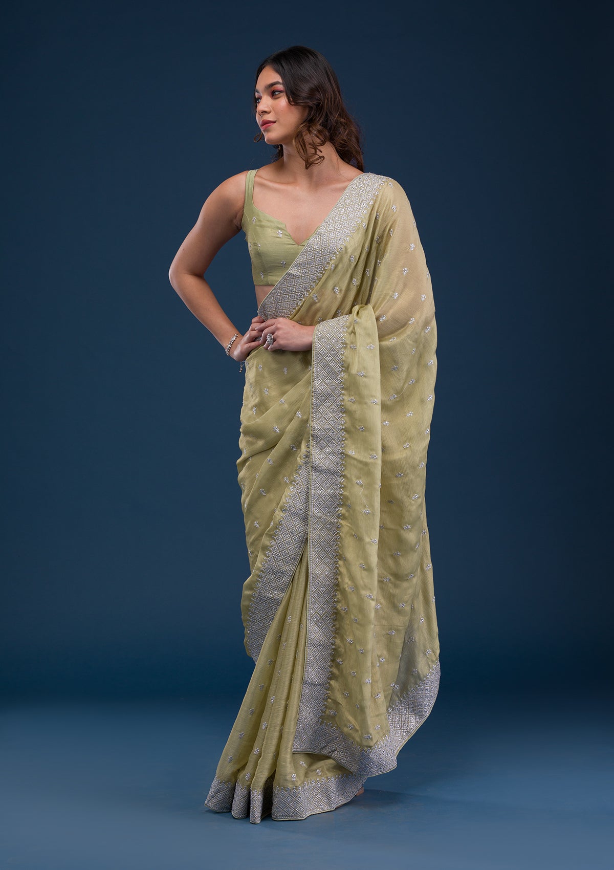 Pista Green Zariwork Chiffon Saree-Koskii