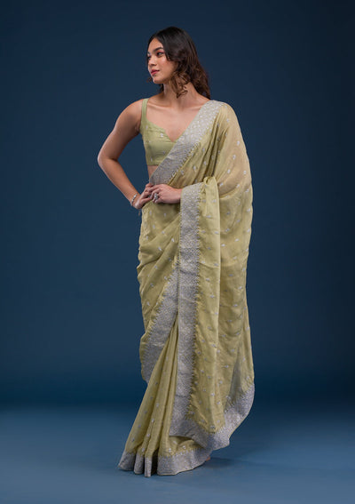 Pista Green Zariwork Chiffon Saree-Koskii