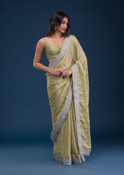 Pista Green Zariwork Chiffon Saree-Koskii