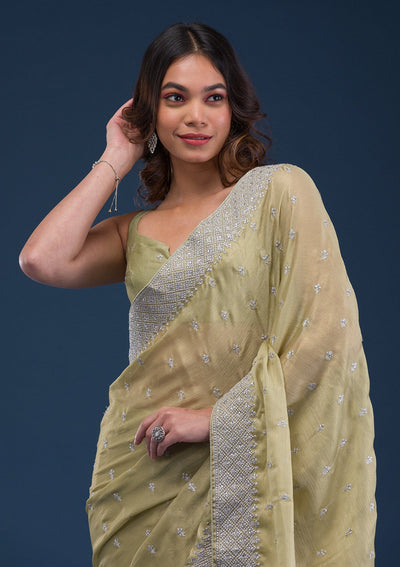 Pista Green Zariwork Chiffon Saree-Koskii
