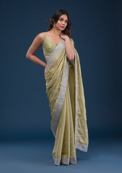 Pista Green Zariwork Chiffon Saree-Koskii
