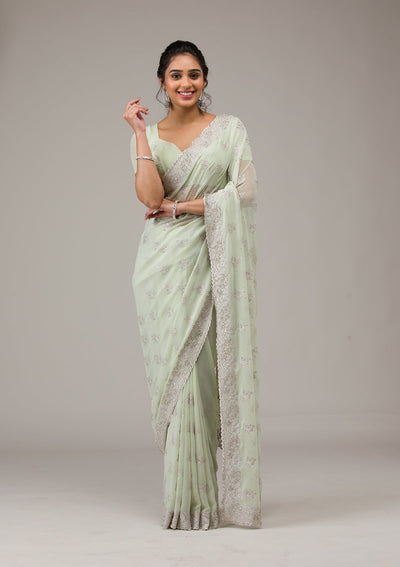 Pista Green Zariwork Chiffon Saree-Koskii