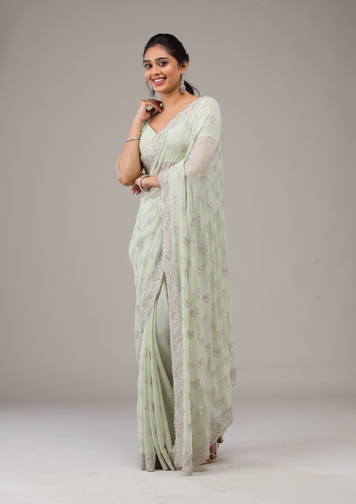 Pista Green Zariwork Chiffon Saree-Koskii