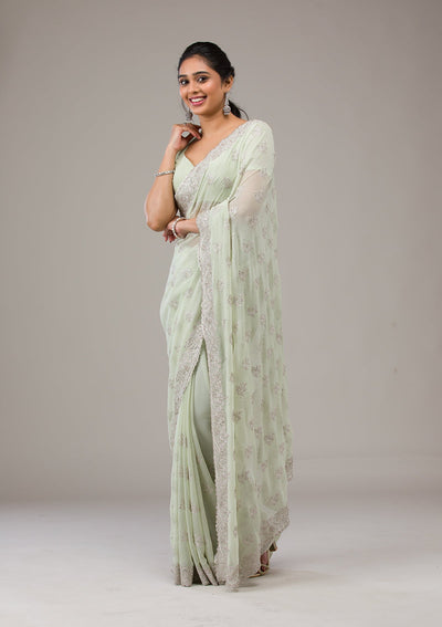 Pista Green Zariwork Chiffon Saree-Koskii