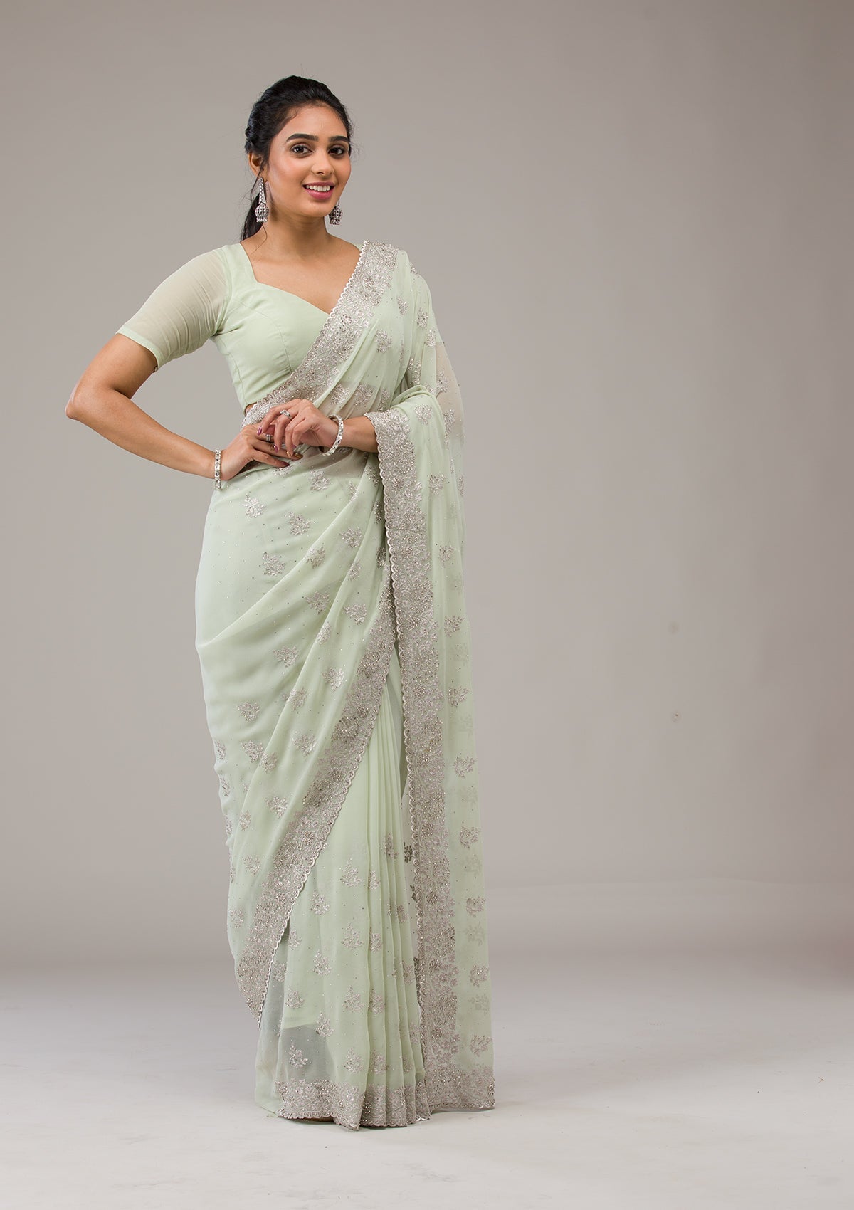 Pista Green Zariwork Chiffon Saree-Koskii