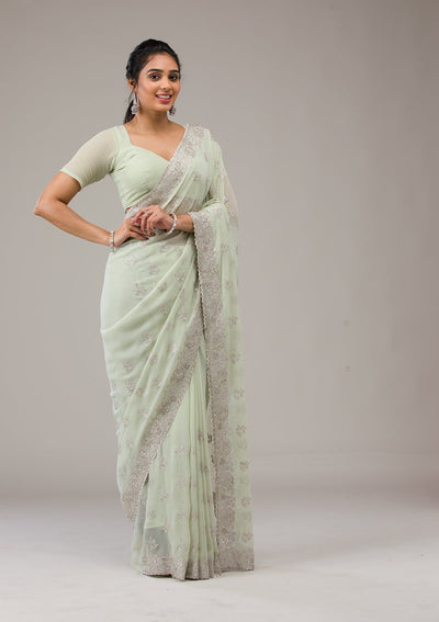 Pista Green Zariwork Chiffon Saree-Koskii