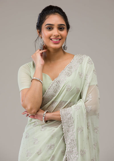 Pista Green Zariwork Chiffon Saree-Koskii