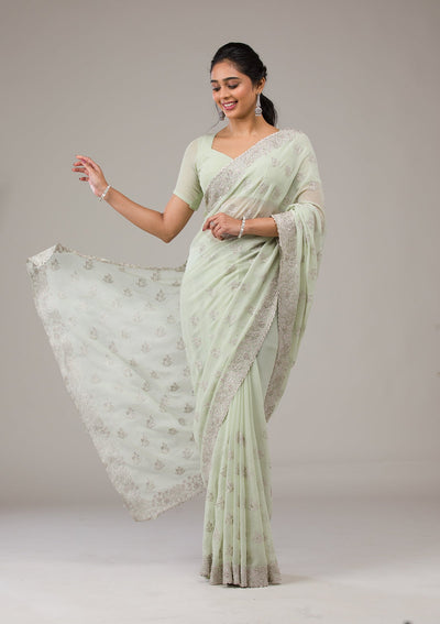 Pista Green Zariwork Chiffon Saree-Koskii