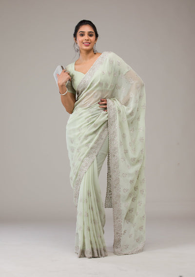 Pista Green Zariwork Chiffon Saree-Koskii