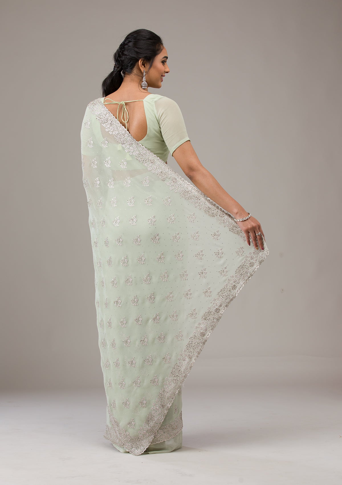 Pista Green Zariwork Chiffon Saree-Koskii