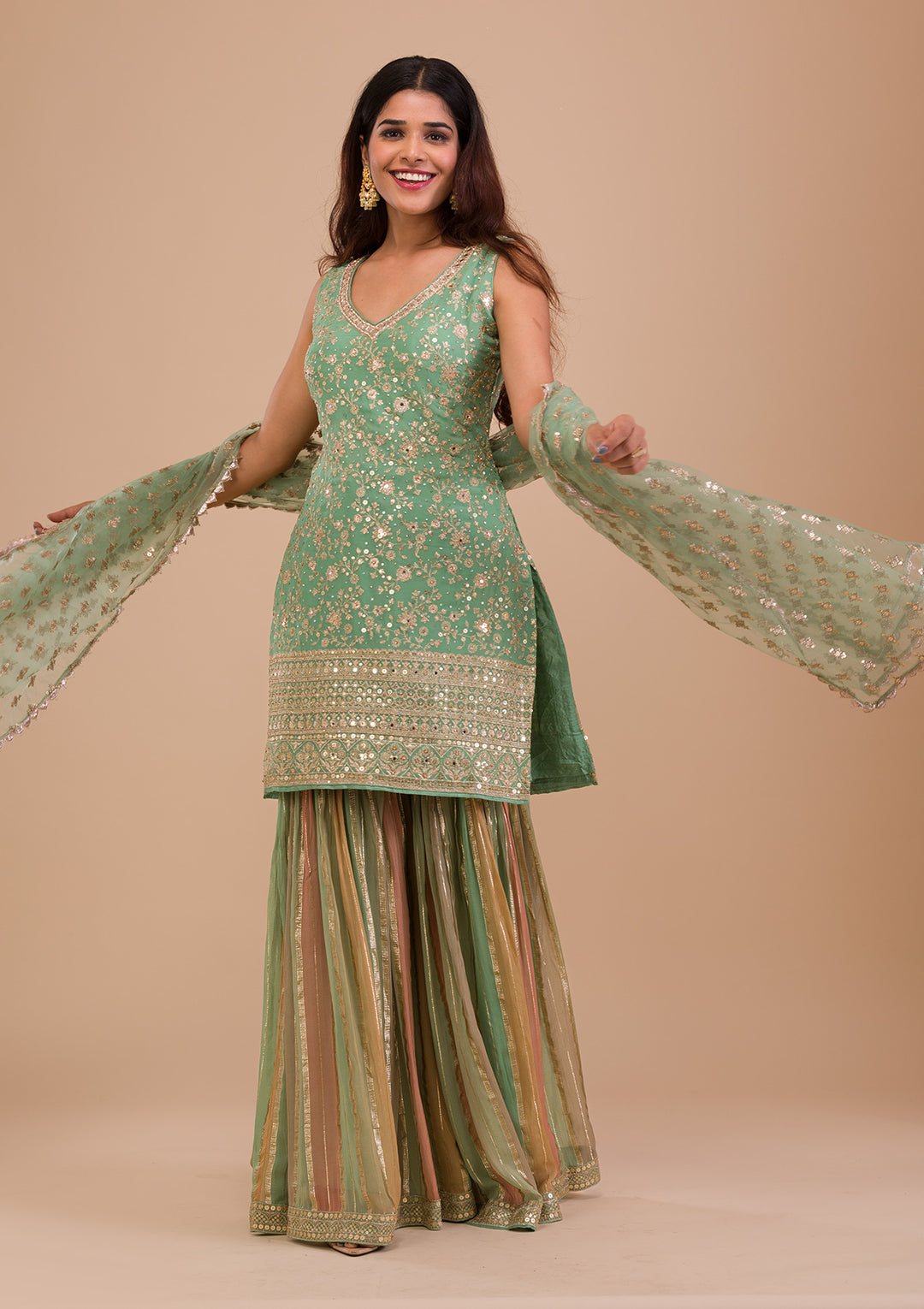 Pista Green Zariwork Georgette Readymade Salwar Kameez-Koskii